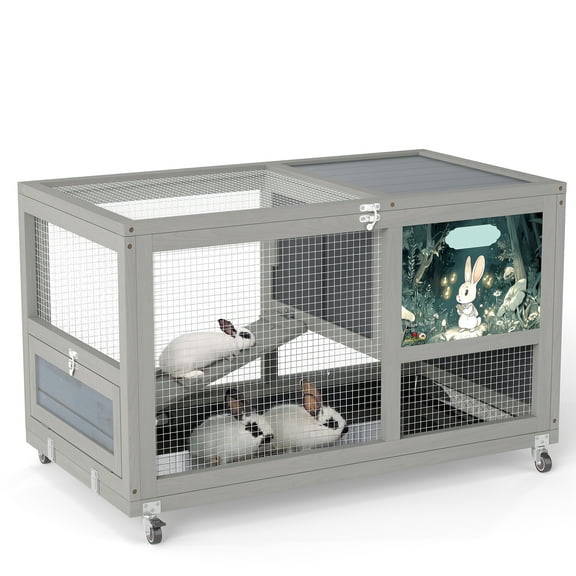 COZIWOW Fashion Wooden 36Inches Rabbit Hutch Outdoor with wheels Bunny Cage Indoor&Pull Out Tray, Openable Roof