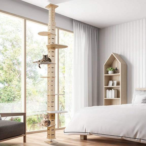 COZIWOW Floor to Ceiling Cat Tree Tower for Indoor Large Cats Tall Cat Climber with Adjustable Height (98-114 inches) 7 Tier Wood Cat Climbing Tower