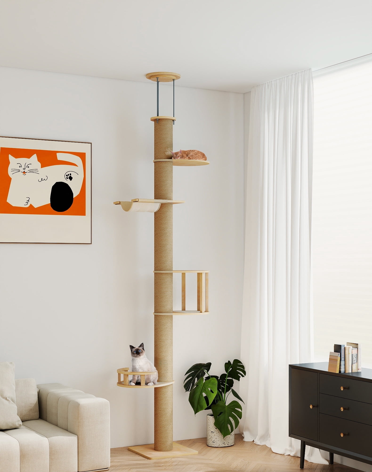 COZIWOW Floor-to-Ceiling Cat Tree, adjustable (89-112 inches), sturdy 5-tier tower for large cats. Features 4.33" scratching posts, hammock, platforms. Saves space, enriches indoor play.