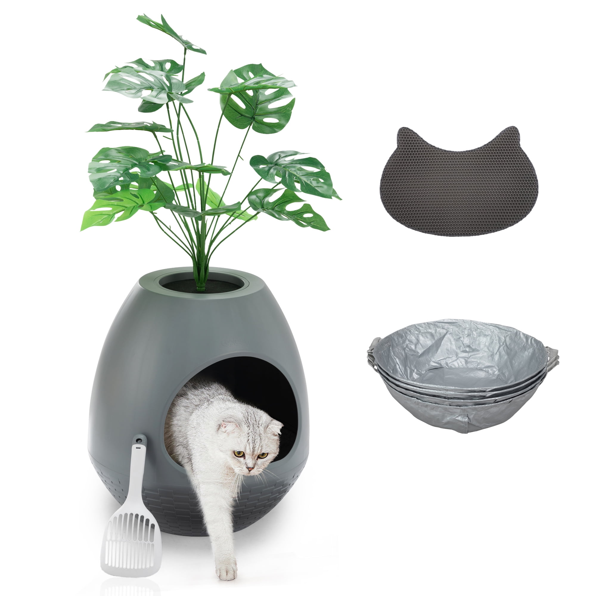 COZIWOW Hidden Cat Litter Box with Artificial Plants Cat Litter Mat Scoop DIY Litter Box Furniture, Gray