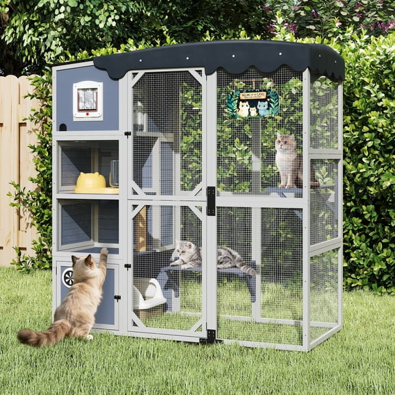 COZIWOW Insulated Outdoor Cat Catio, Large Wood Cat Enclosure with Weatherproof Roof, 2 Resting Rooms, 2 Platforms, 4-Tier Cat Playpen (Grey-Insulated)