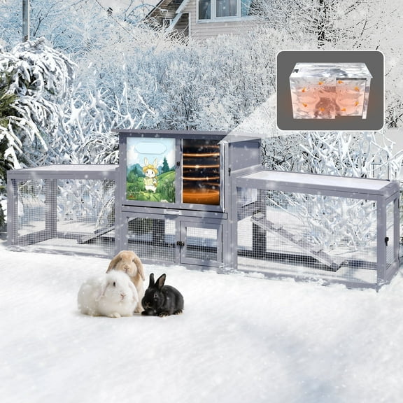 COZIWOW Insulated Outdoor Wood Rabbit Hutch Small Animal Enclosure House Pet Shelter Gray with Colorful Patterns