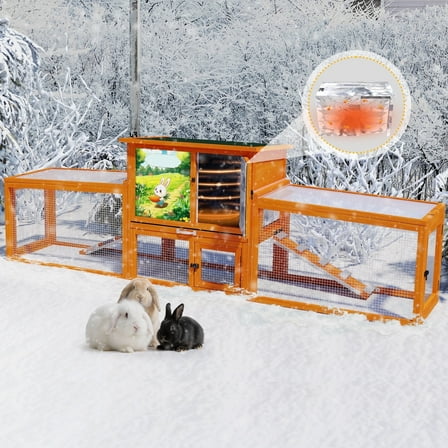COZIWOW Insulated Outdoor Wood Rabbit Hutch, Weatherproof Large Bunny Cage with Runs Orange with Colorful Patterns