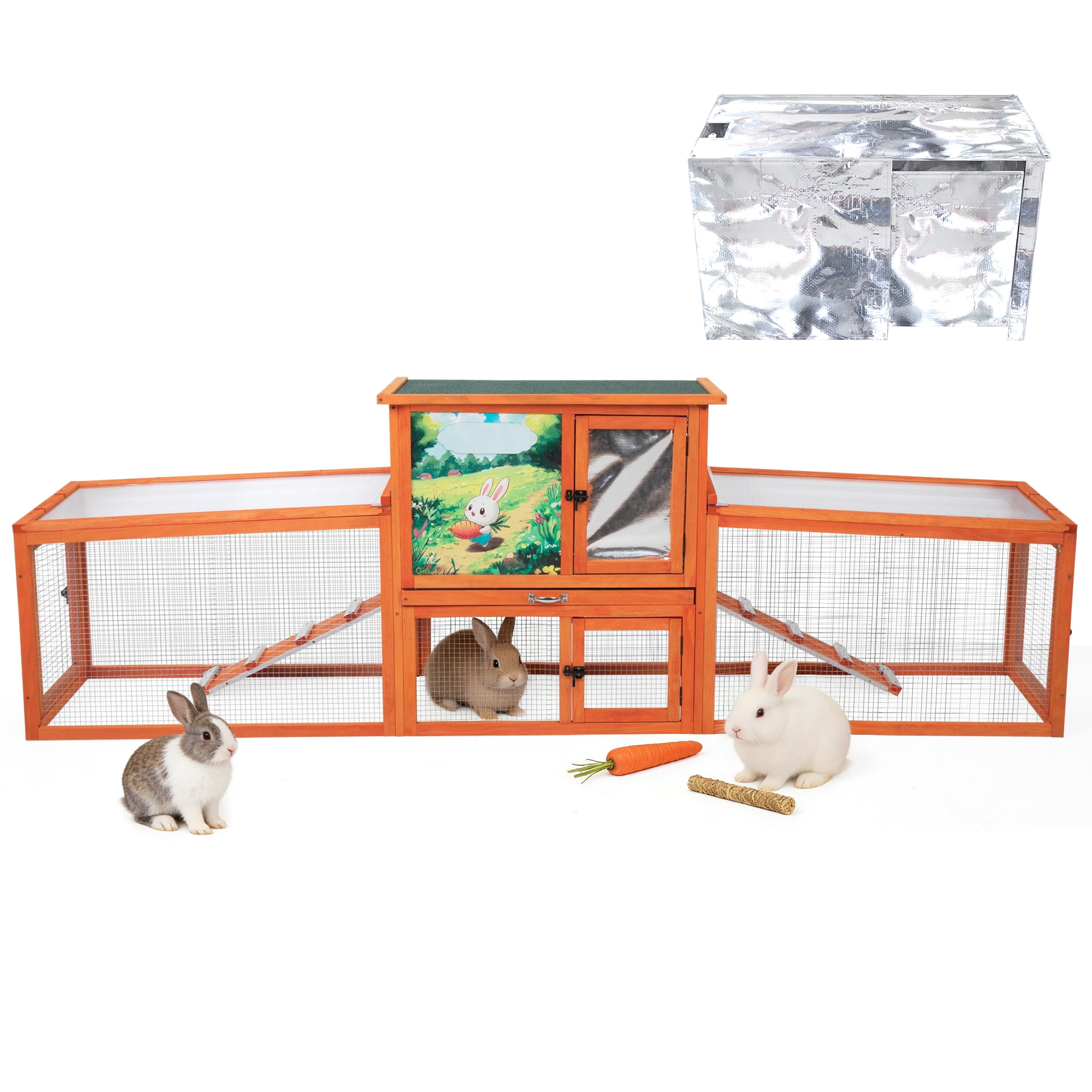 Insulated Outdoor Wood Rabbit Hutch, Weatherproof Large Bunny Cage with Runs Orange with Colorful Patterns