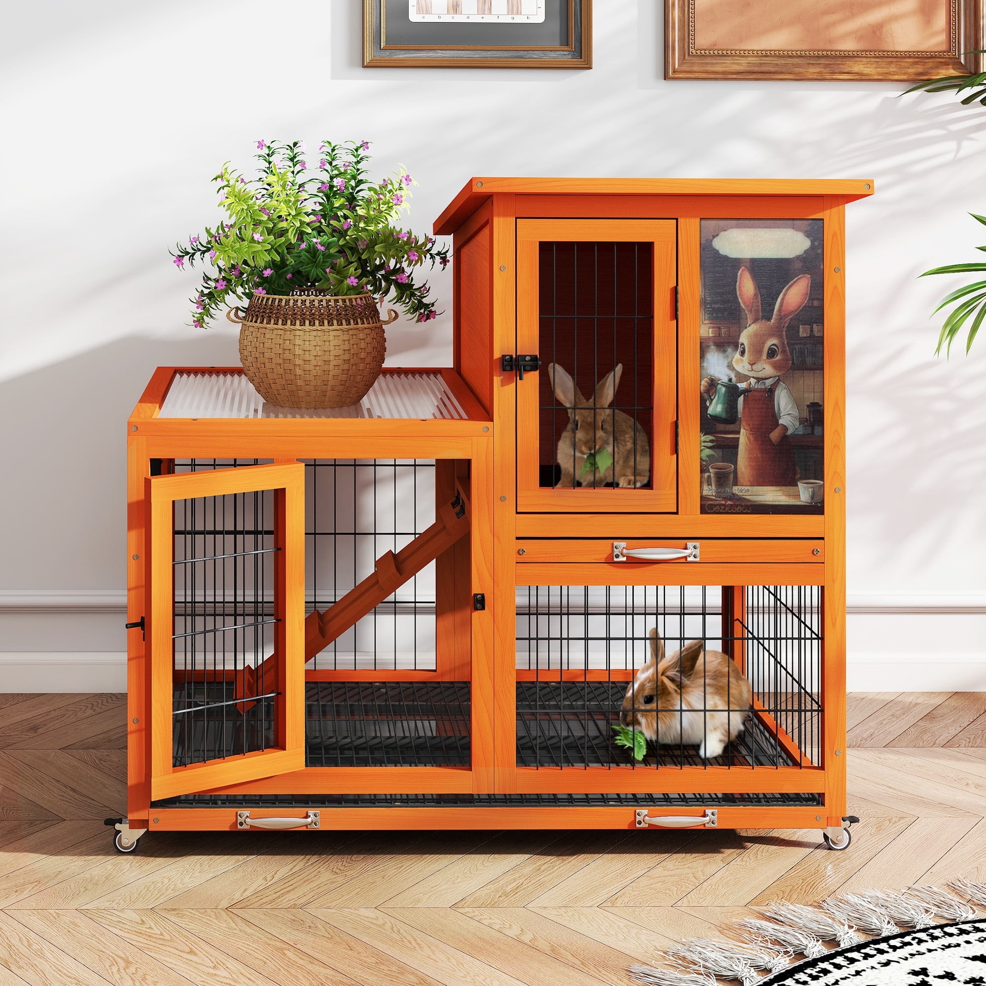 COZIWOW Rabbit Cage Indoor with Wire Bottom, 2-Level Large Wooden Bunny Hutch on Wheels Outdoor for Multiple Small Animals, Orange + Colorful Patterns