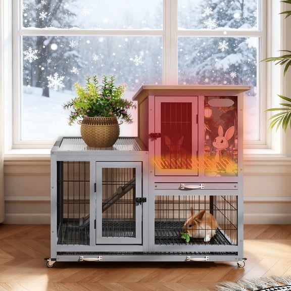 COZIWOW Rabbit Hutch Indoor with Electric Blanket, 2-Level Large Wooden Bunny Cage on Wheels Outdoor, Grey