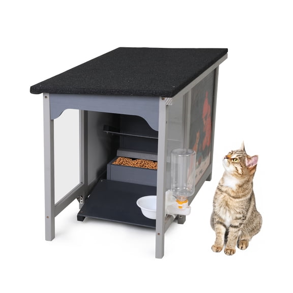 COZIWOW Weatherproof Outdoor Cat Feeding Station with Step-On Lid - 11L Capacity, All-Weather Asphalt Roof & Built-in Water Bottle for Stray Cats (Grey)