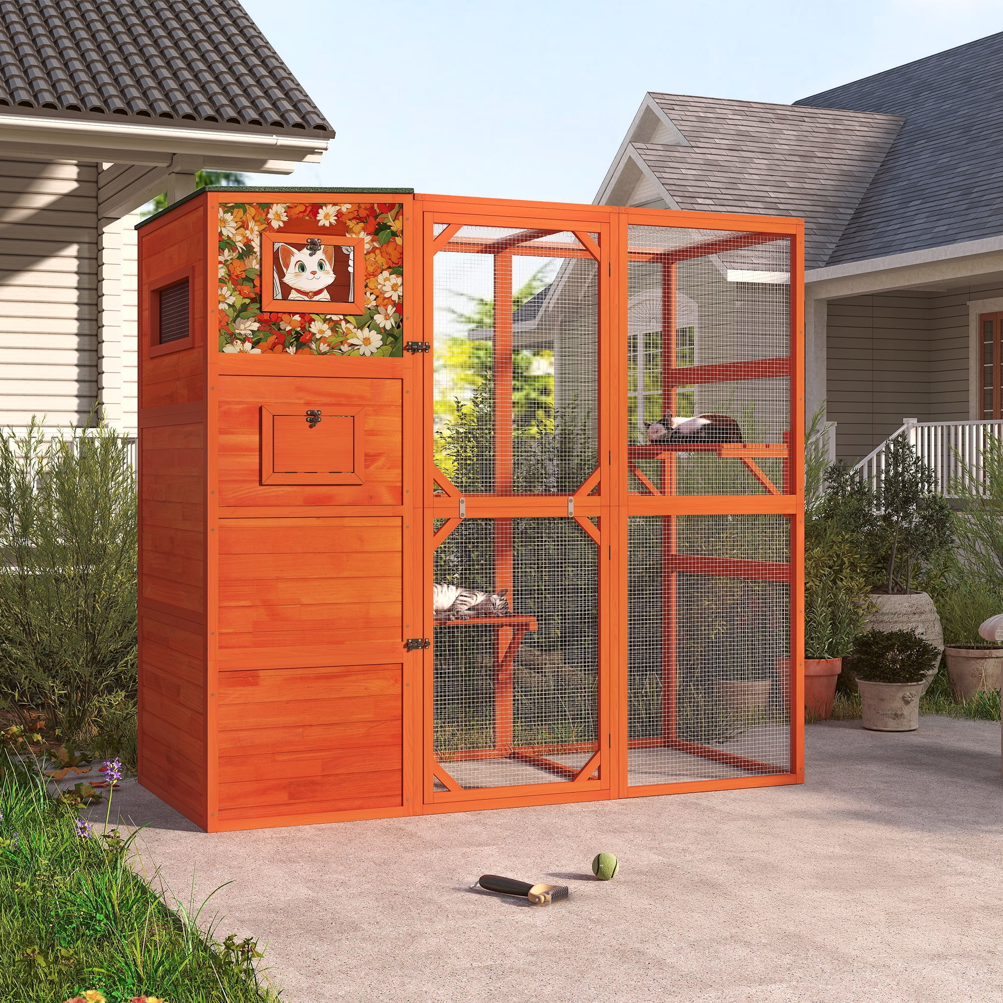 COZIWOW Wood  Cat House Catio Outdoor Enclosure, 2 Resting Condos, 2 Platforms, 4-Tier Cat Play Cage, Orange