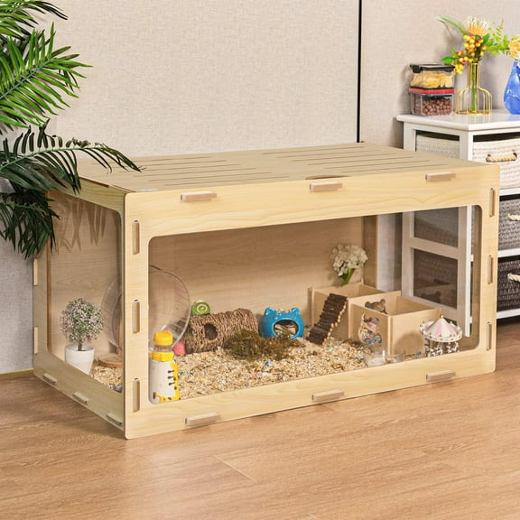 COZIWOW Wooden Hamster Cage Chewproof, Bigger World - 32" Large Hamster Cages and Habitats, Openable Top & 3 Side Acrylic Sheets, Small Animal Cage Pet House for Syrian Dwarf Guinea Pig Chinchilla