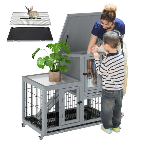 COZIWOW Wooden Rabbit Hutch, Small Animal Outdoor Pen with 4 Casters, Cleaning Trays and Run, 2-Tier Indoor Bunny Cage, Water Bottle
