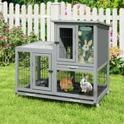 COZIWOW Wooden Rabbit Hutch on Wheels 2-Tier Indoor Bunny Cage Cleaning Trays and Run Gray