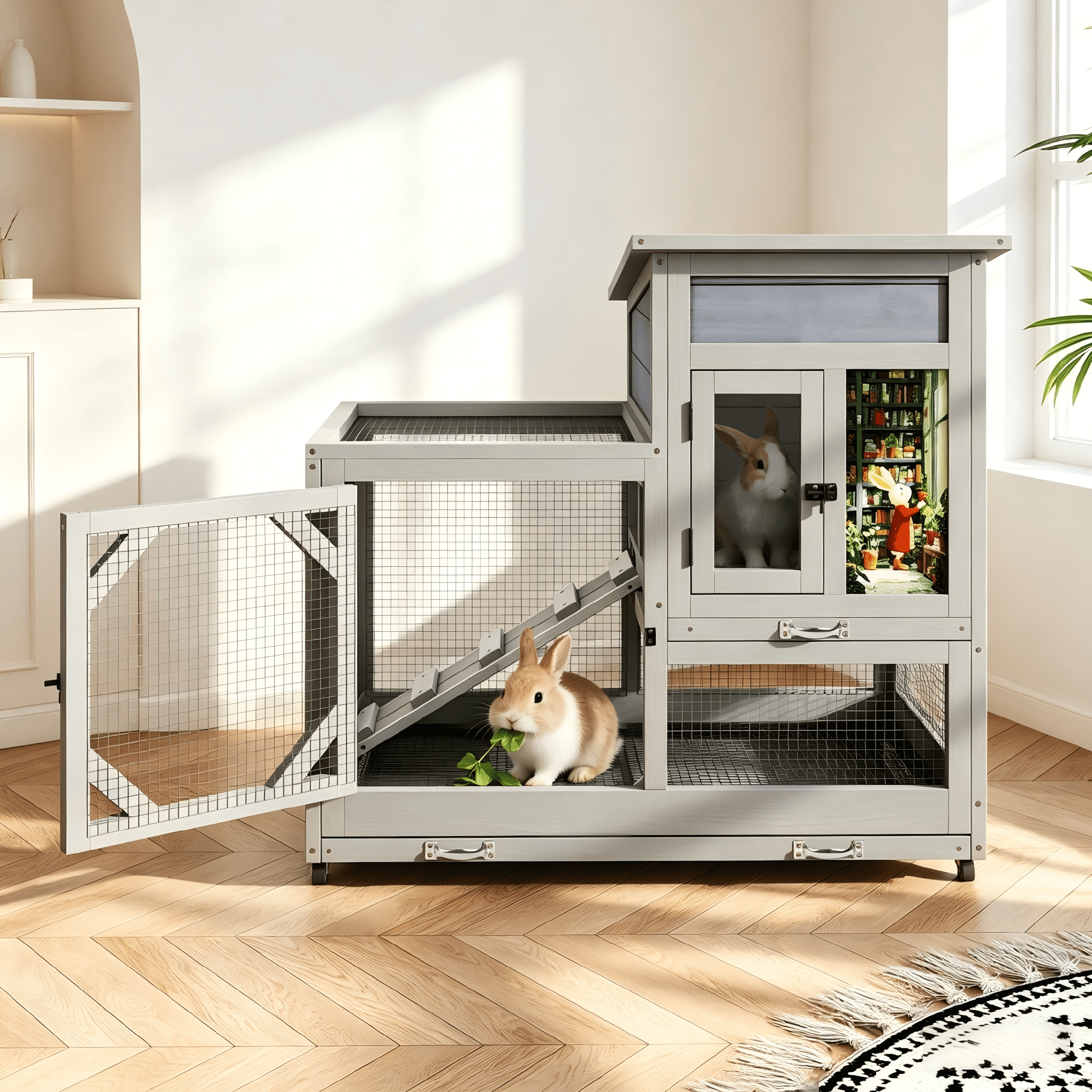 COZIWOW Wooden Rabbit Hutch on Wheels 2-Tier Indoor Bunny Cage Cleaning Trays and Run Gray
