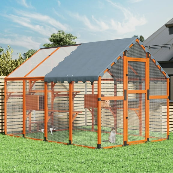 COZIWOW XL Outdoor Cat Enclosures Window Access Walk in Cat Catio Enclosed Cat House Cage for Multiple Pets,Orange