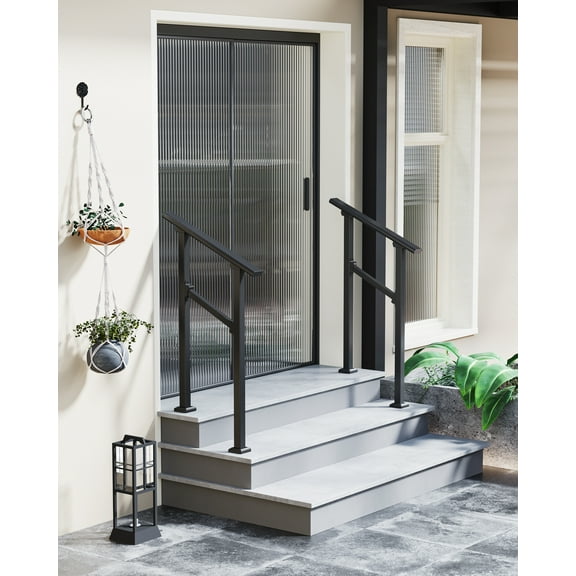 COZONY 1-2 Step Outdoor Step Handrail With An Extensive Adjustment Range of 0-65°,36"L X 22"W,Aluminum Alloy Handrail+Iron Column Crossbar,Electrophoretic+Spray Painted,Black
