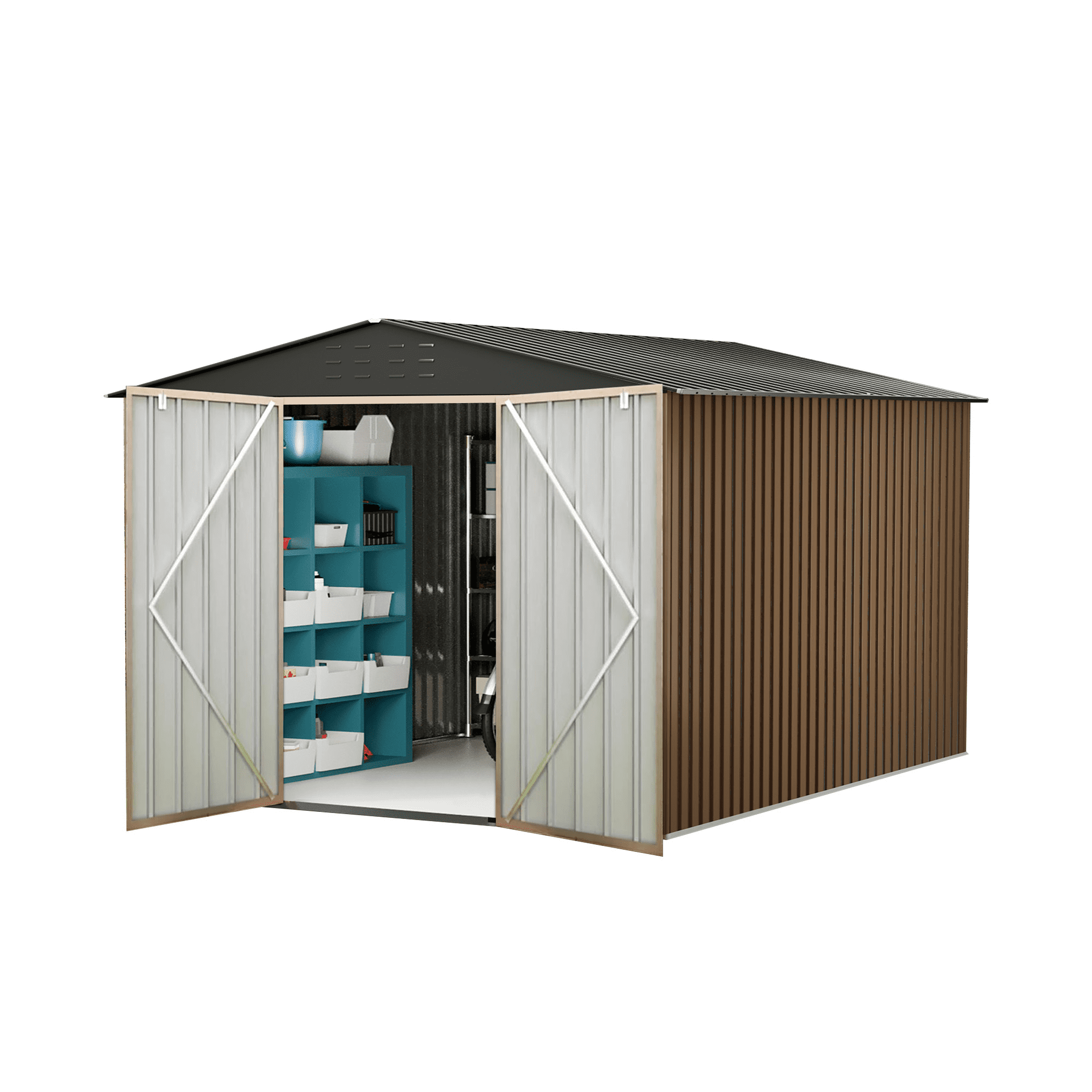 COZONY 10*10ft Galvanized Steel Storage Shed, Waterproof Utility Shed with Lockable Door & Vents for Lawn Mower Bike Tools,Brown