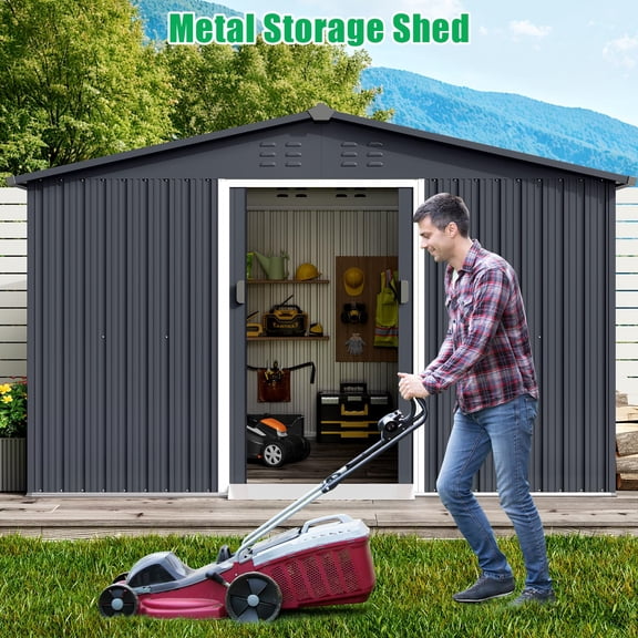 COZONY 10*12ft Metal Storage Shed, Galvanized Steel with Pitched Roof and Lockable Door for Bikes Lawn Mower Tools,Dark Gray