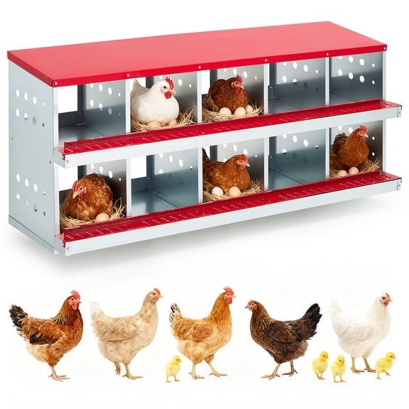 COZONY 10-Compartment Chicken Nesting Box with Roll-Away Egg Tray and Outward Opening Lid, Metal, Red