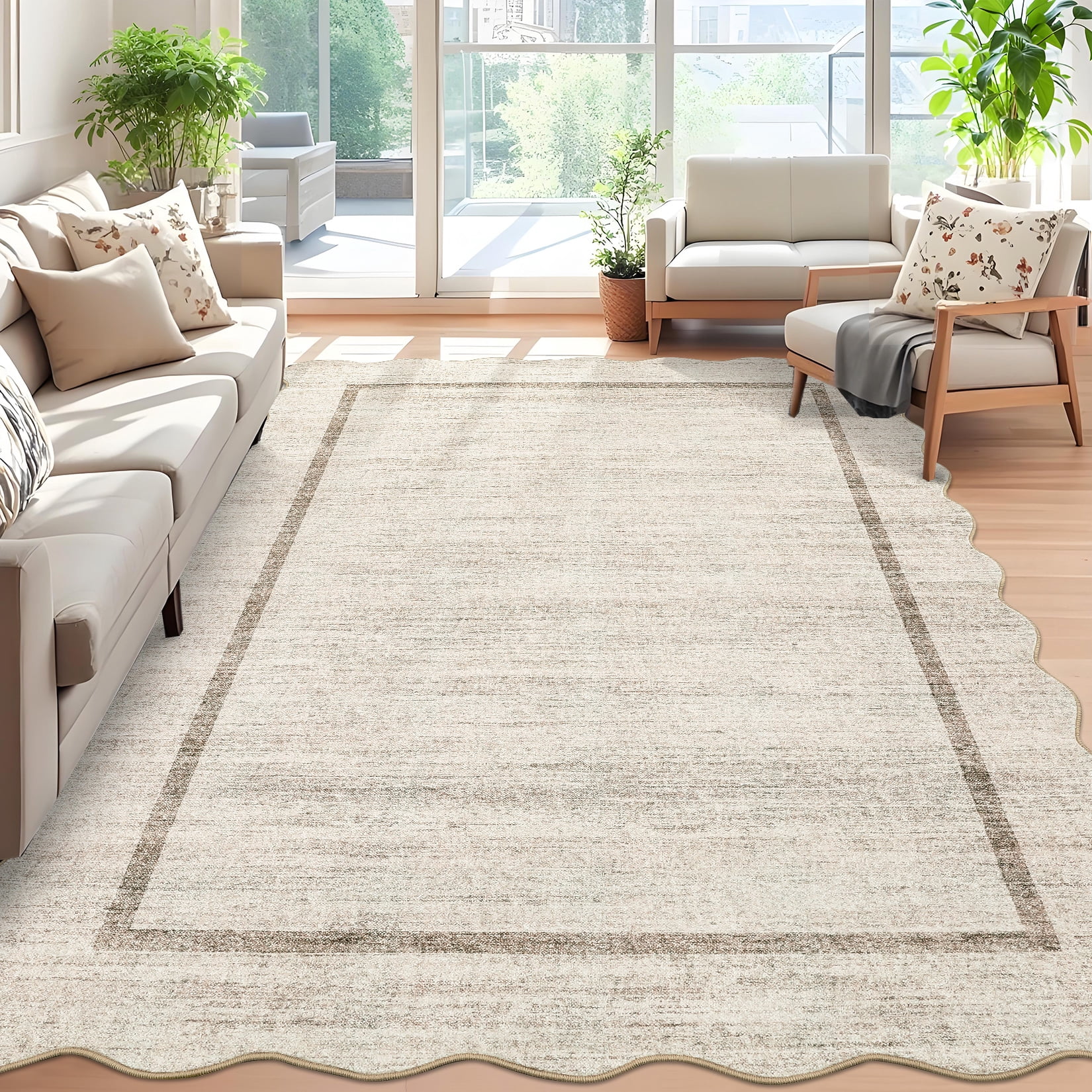 COZONY 10'x13' Extra Large Washable Scalloped Rug, Non-Slip Low Pile Area Carpet, Stain-Resistant Geometric Floor Mat for Living Room, Beige