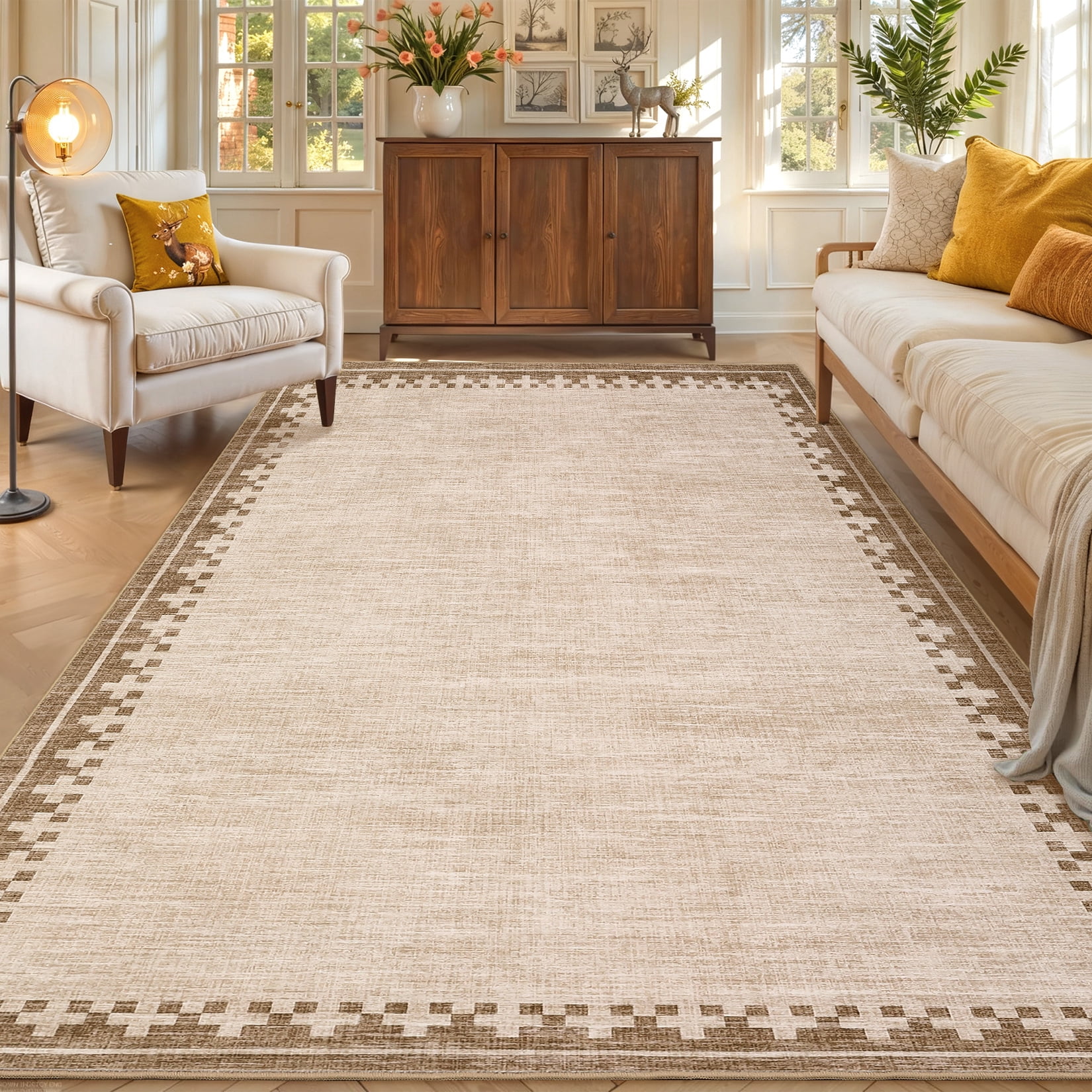 COZONY 10'x13' Modern Bordered Extra Large Area Rug, Non-Slip Washable Low Pile Carpet for Spacious Rooms, Linen