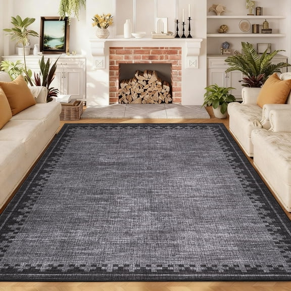 COZONY 10'x13' Modern Bordered Extra Large Rug, Washable Non-Skid Low Pile Carpet, Soft Stain-Resistant, Black Gray