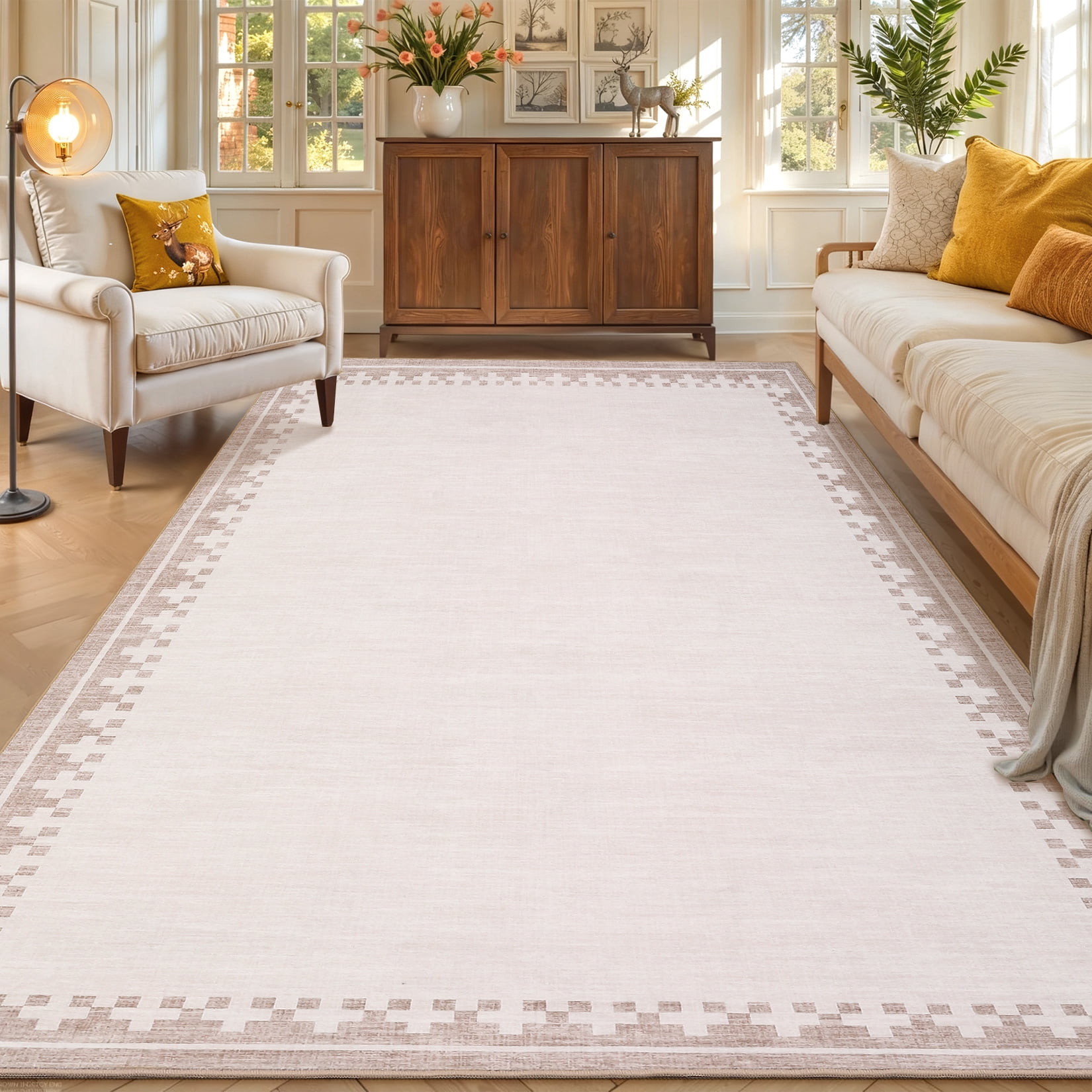 COZONY 10'x13' Modern Bordered Oversized Area Rug, Soft Low Pile Washable Carpet, Stain-Resistant Non-Shedding, Beige