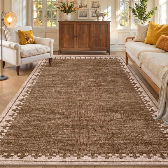 COZONY 10'x13' Modern Bordered Oversized Rug, Non-Slip Washable Low Pile Soft Carpet for Living & Dining Room, Brown