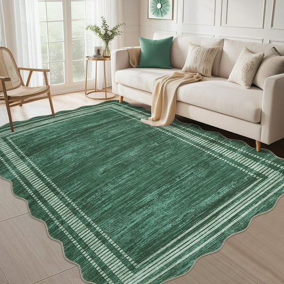 COZONY 10'x13' Modern Scalloped Washable Area Rug, Non-Slip Low-Pile Carpet for Living Room, Dining Area, Green