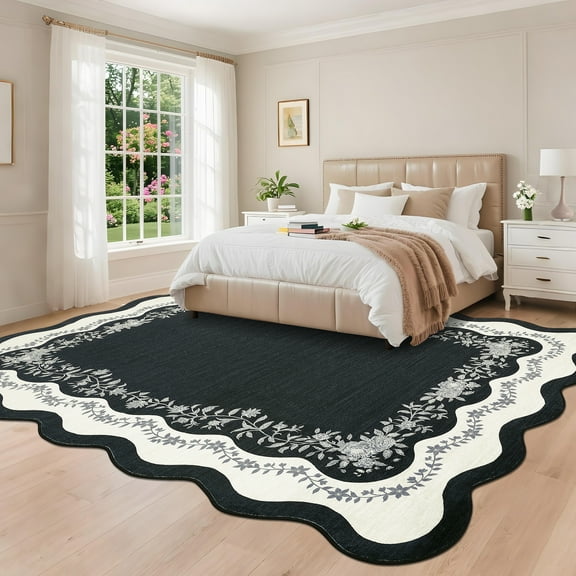 COZONY 10'x13' Scalloped Washable Area Rug, Oversized Non-Slip Low Pile Carpet for Large Living Rooms and Family Rooms, Stain Resistant, Black