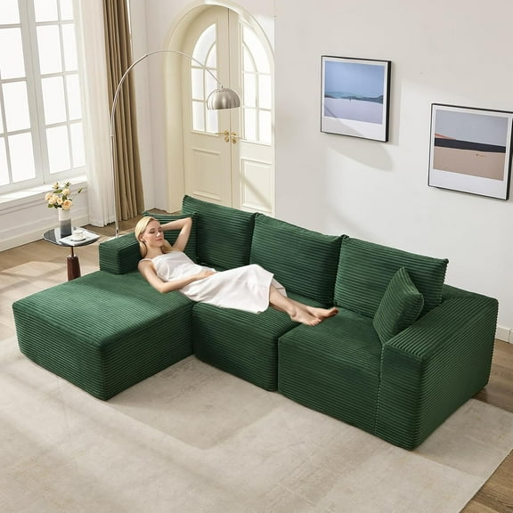 COZONY 109" Cloud Modular Sectional Sofa, L-Shaped Corduroy Couch w/Reversible Chaise, Left-Facing, No Assembly, Green