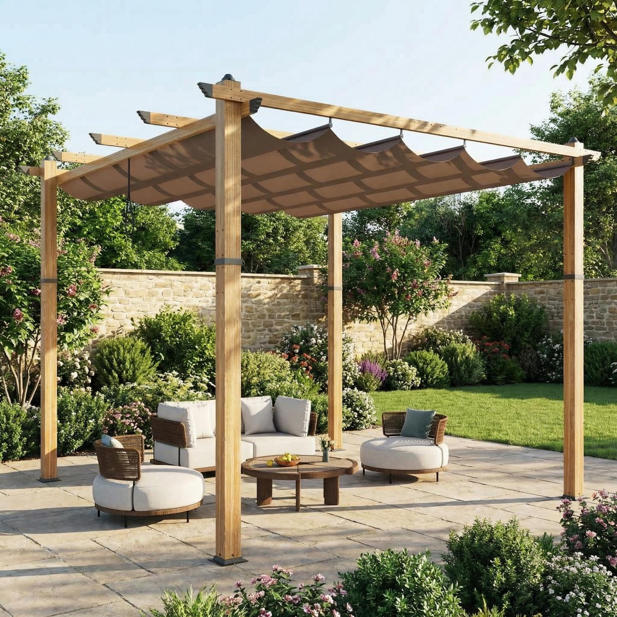 COZONY 10x10 Ft Outdoor Pergola with Retractable Canopy, Faux Wood ...