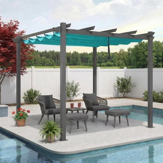 COZONY 10x10 Ft Retractable Pergola Canopy, Aluminum Metal Patio Shade Shelter with Adjustable Roof for Backyard, Lawn and Deck, Gray Frame/Blue Canopy