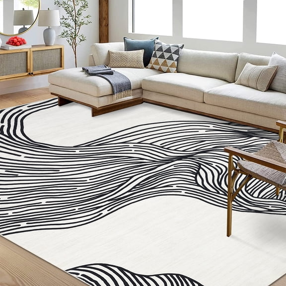 COZONY 10x13 Area Rug, Modern Abstract Washable Faux Wool Carpet with Non Slip TPR Backing, Low Pile Foldable Rug for Living Room Bedroom, Beige Black