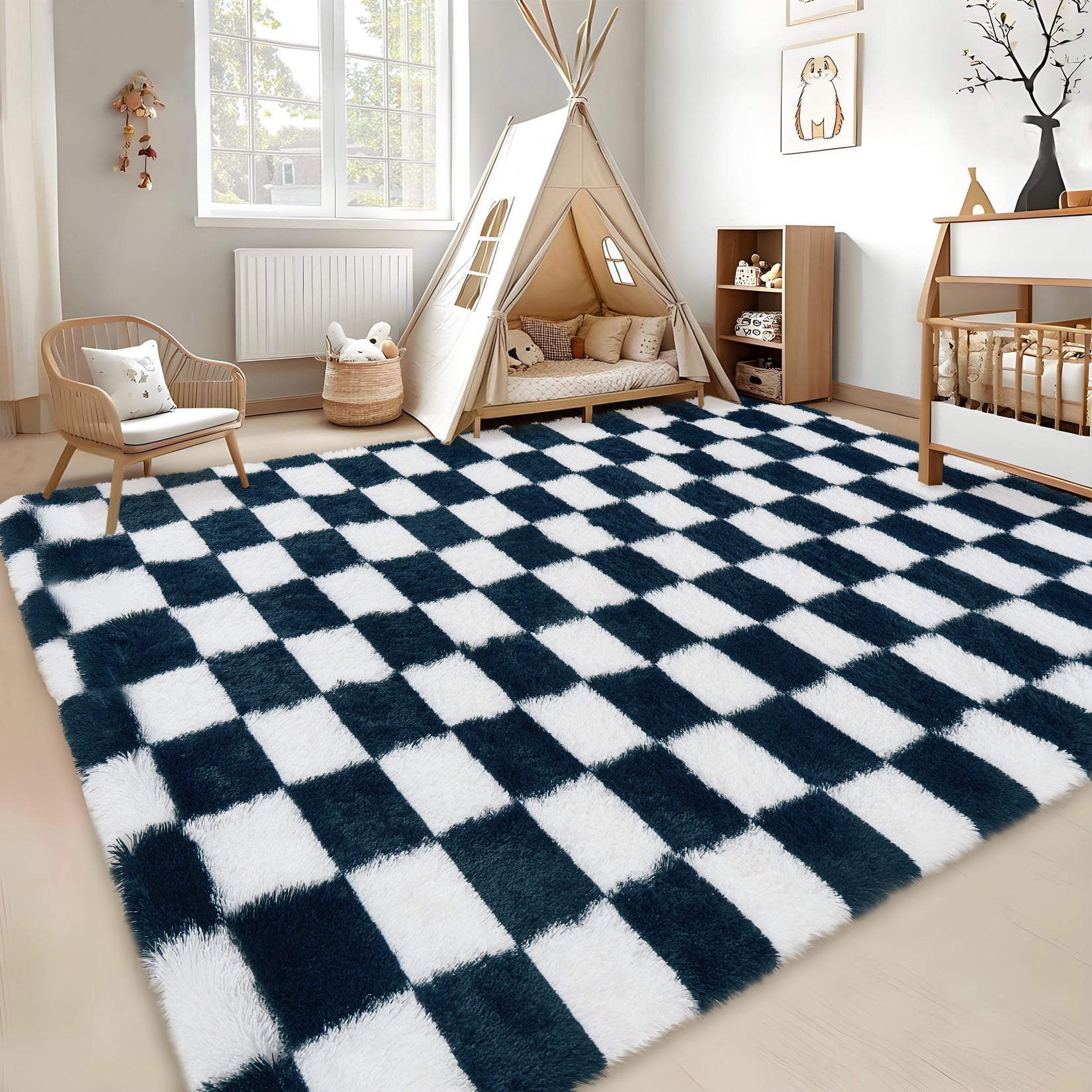 COZONY 10x13 Checkered Thick Area Rug, Extra Large Ultra Soft Plush Shag Carpet with Non-Slip Back, Navy Blue