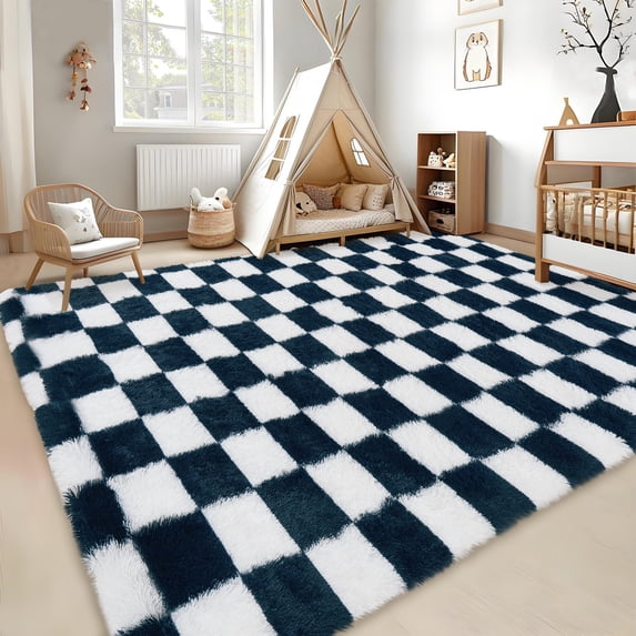 COZONY 10x13 Checkered Thick Area Rug, Extra Large Ultra Soft Plush Shag Carpet with Non-Slip Back, Navy Blue