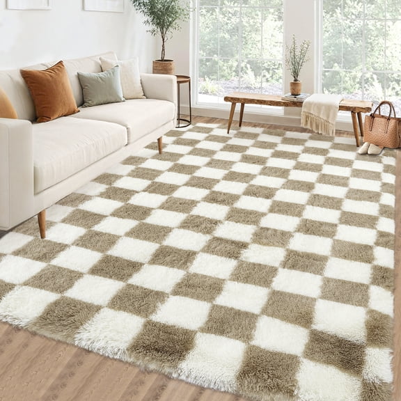 COZONY 10x13 Checkered Thick Area Rug, Oversized Ultra Soft Plush Shag Rug, Non-Slip Back for Living Room, Brown