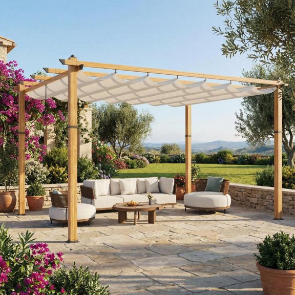 COZONY 10x13 Ft Retractable Pergola Canopy, Faux Wood Grain Metal Patio Shelter with Adjustable Roof for Porch, Backyard and Lawn, Faux Wood Grain Frame/Off White Canopy