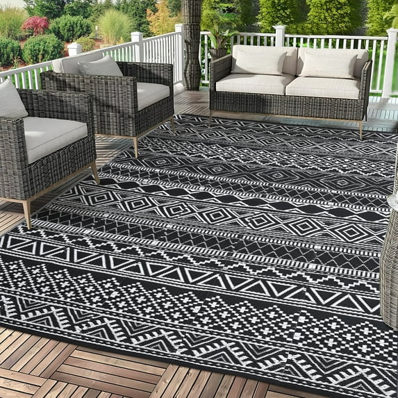 COZONY 10x14 ft Outdoor Rug, Extra Large Reversible Waterproof Patio Carpet, UV & Fade Resistant, Portable for Deck, Backyard, Black and White
