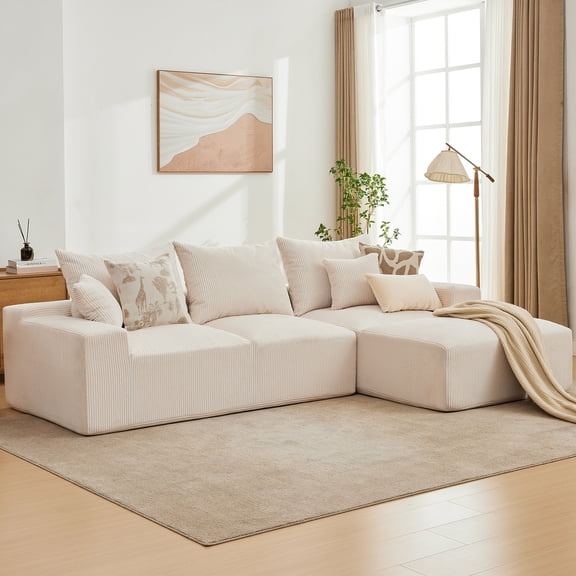 COZONY 110" Oversized Modular L-Shaped Sectional Sofa with Deep Seats, Right Chaise, No Assembly Required, Chenille Fabric,Corduroy | Beige
