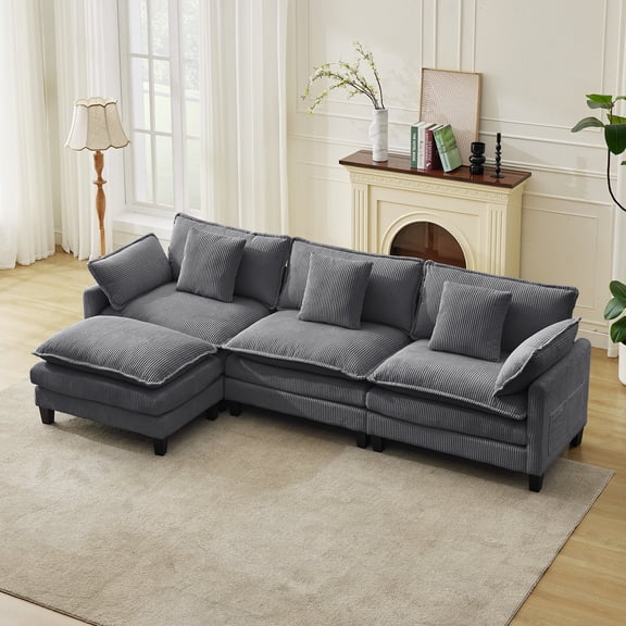COZONY 112" Modular L-Shaped Cloud Sectional Sofa with Ottoman, Deep Seat Corduroy Convertible Couch for Living Room, Apartment,3 Seats + 1 Footstool|Gray