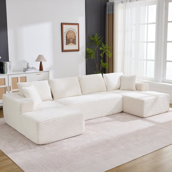 COZONY 130" U-Shaped Modular Cloud Couch with 2 Chaise Lounges, 4-Seat Corduroy Deep Seat Sofa with Pillows for Living Room,Beige