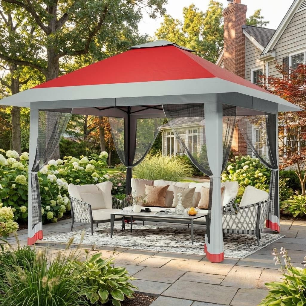 COZONY 13x13 FT Gazebo with Mosquito Netting, Adjustable Height Outdoor Canopy Tent, Double Roof UV Resistant Shelter for Patio Backyard Garden, Red