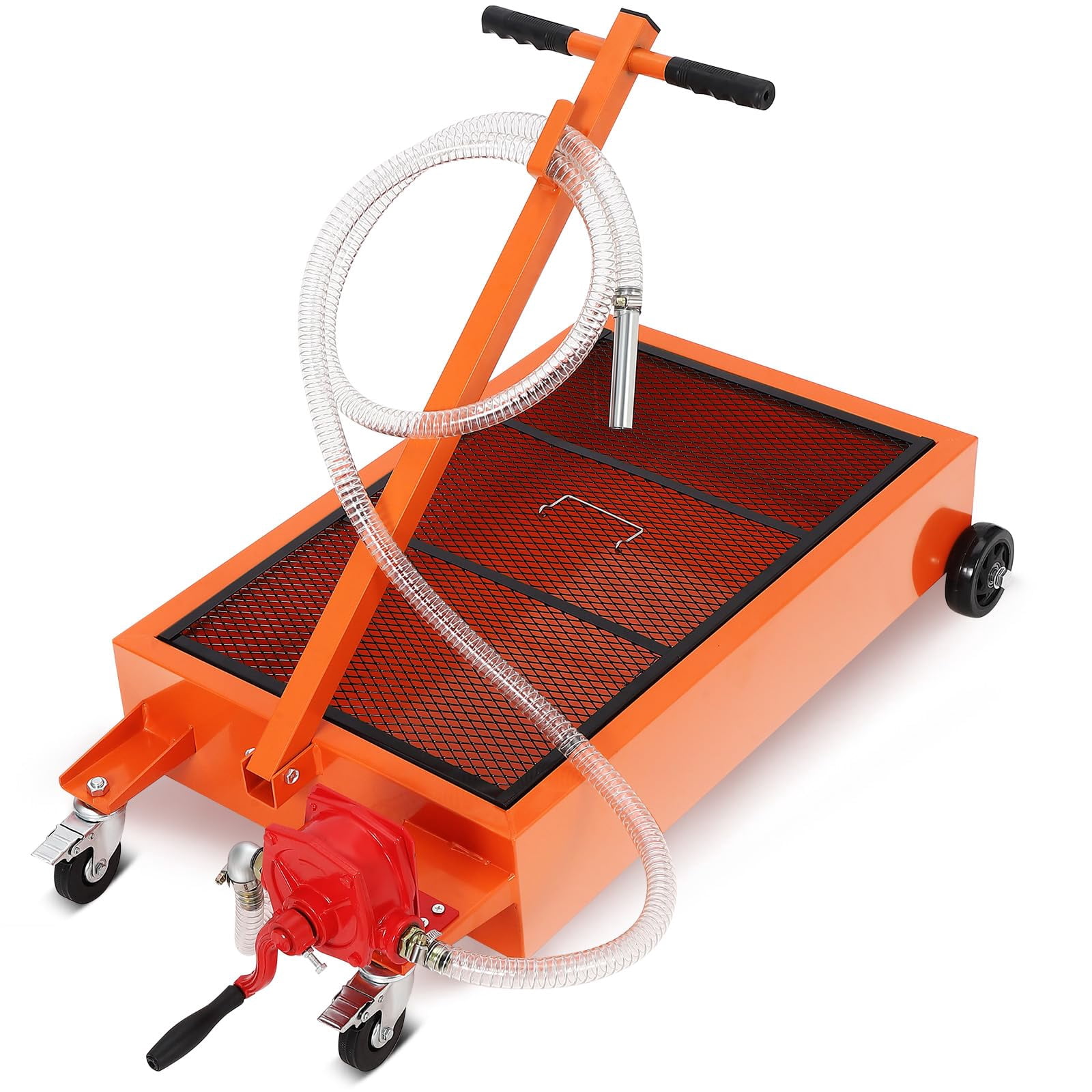 COZONY 15 Gallon Low Profile Oil Drain Pan w/ Folding Handle & Wheels, Oil Change Pan w/ 8FT Hose&Manual,Orange