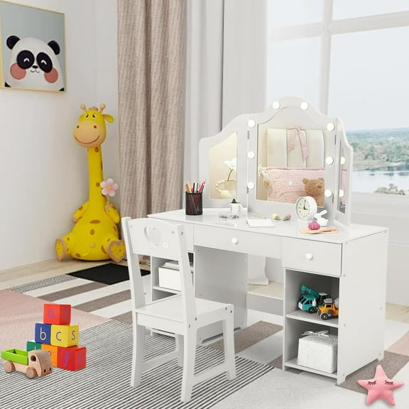 COZONY 2 In 1 Kids Vanity Table, Princess Makeup Vanity Desk & Chair Set, Tri-Folding Detachable Mirror & Touch Lights, 4 Open Storage Shelves & 3 Drawers, Wooden Pretend Playset, White