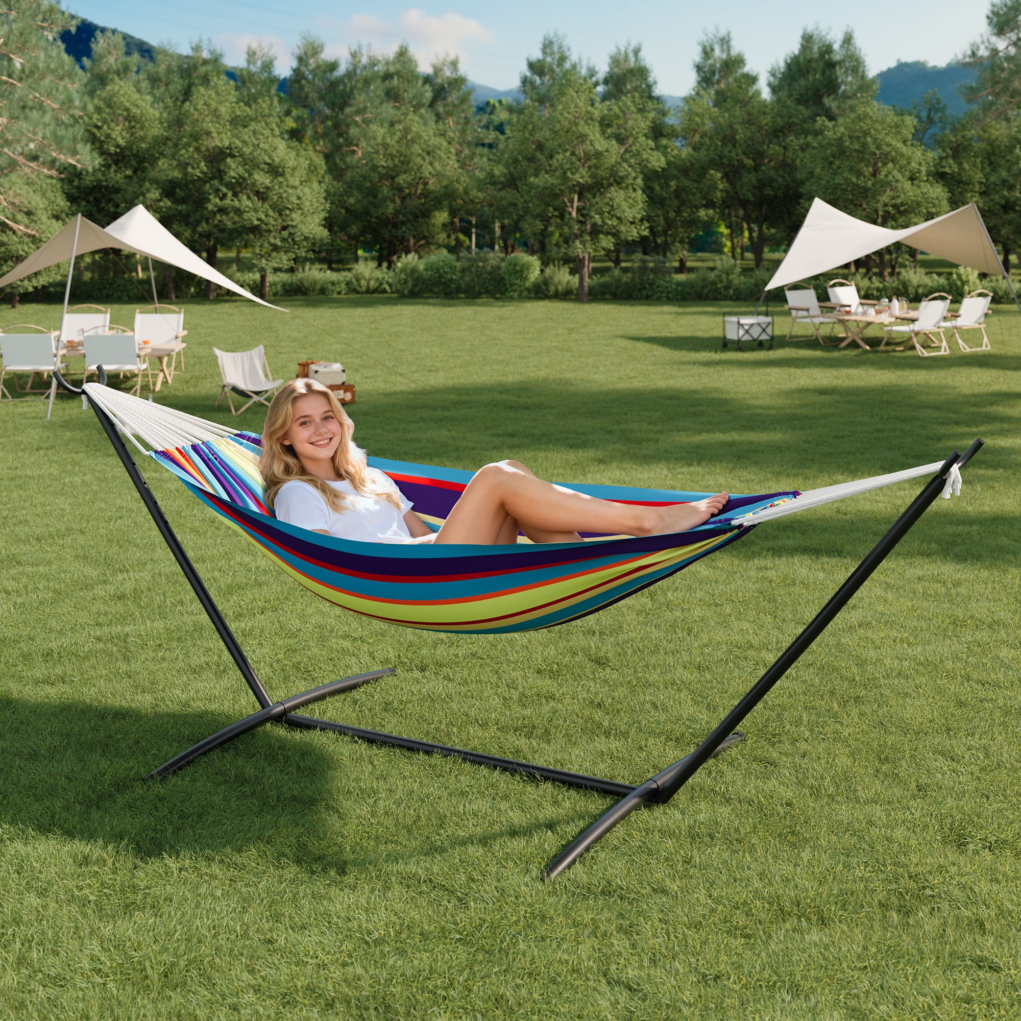 COZONY 2-Person Hammock with Steel Stand, 450lb Capacity, Portable Cotton Rope Bed, Carry Bag Included