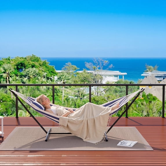 COZONY 2-Person Hammock with Steel Stand, 450lb Capacity, Portable Cotton Rope Bed, Carry Bag Included