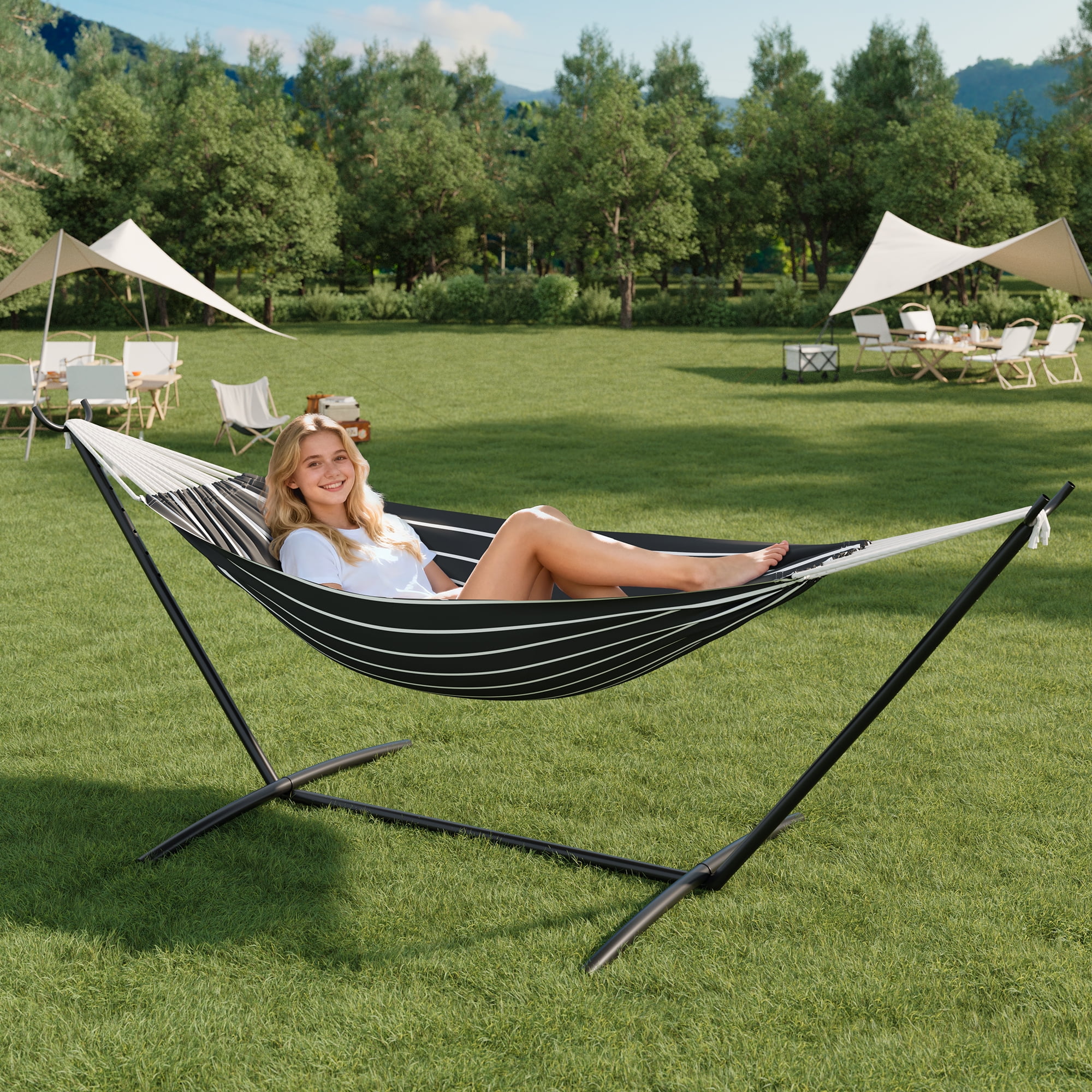 COZONY 2-Person Hammock with Steel Stand, 450lb Capacity, Portable Cotton Rope Bed, Carry Bag Included