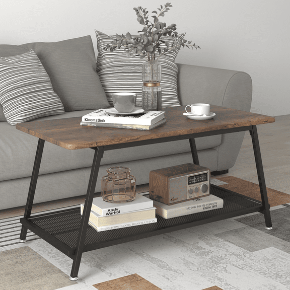 COZONY 2-Tier Industrial Coffee Table with Mesh Shelf and Metal Frame, Rectangle Side End Table with Flared Legs for Living Room,Retro