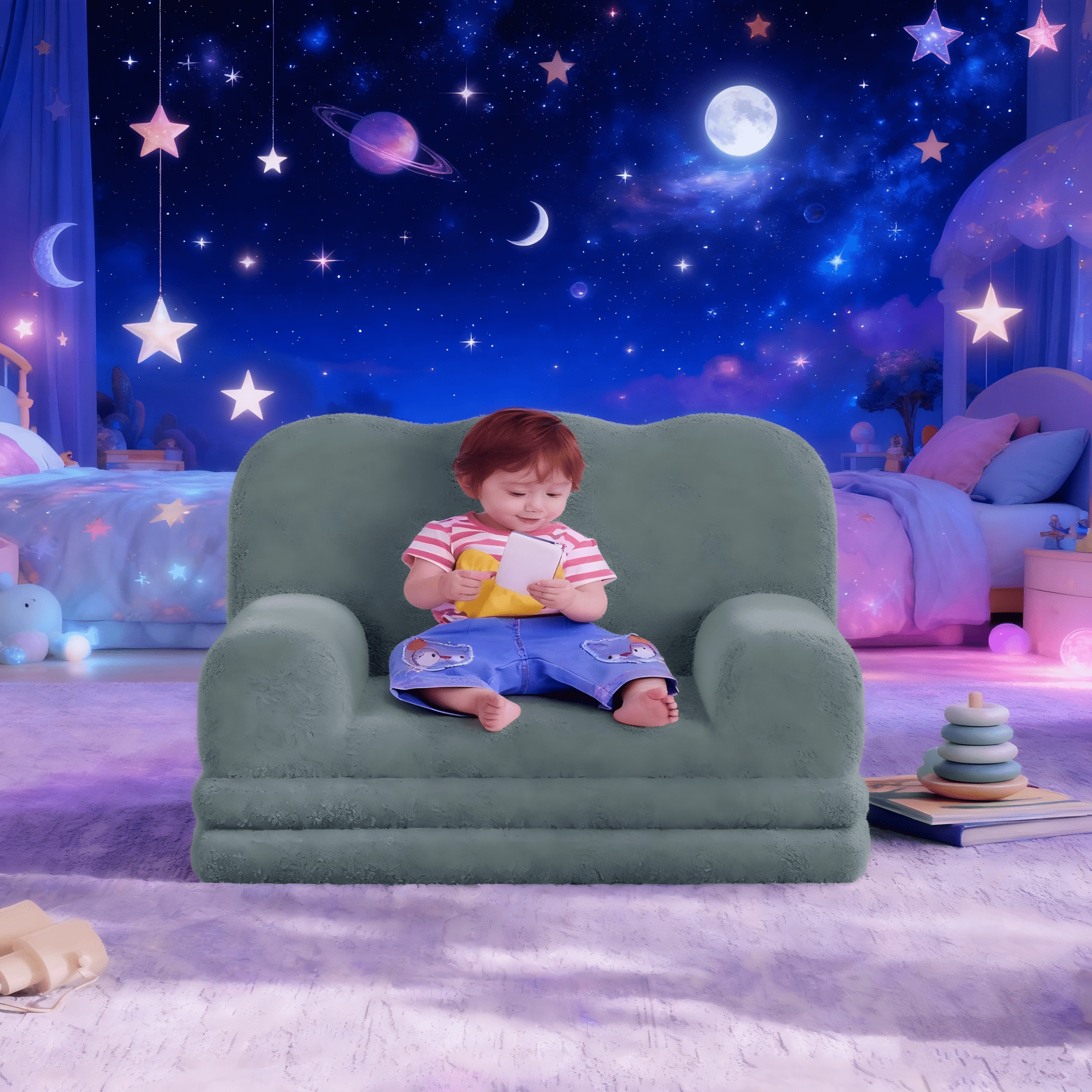 COZONY 2-in-1 Kids Couch, Convertible Toddler Sofa Chair, Fold-Out Teddy Fleece Lounger, Kid’s Sofa Bed