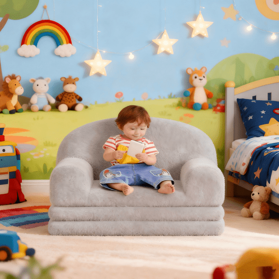 COZONY 2-in-1 Kids Couch, Convertible Toddler Sofa to Lounger, Fold-Out Foam Chair with Soft Sherpa