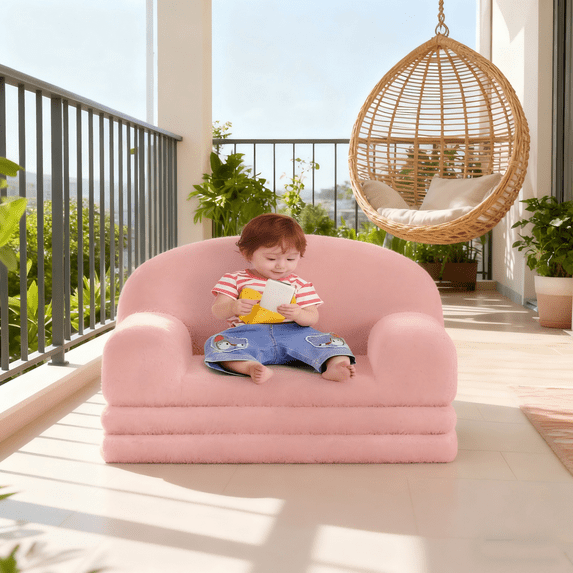 COZONY 2-in-1 Kids Sofa Chair, Convertible Toddler Couch Lounger, Fold-Out Teddy Fleece Sofa Bed